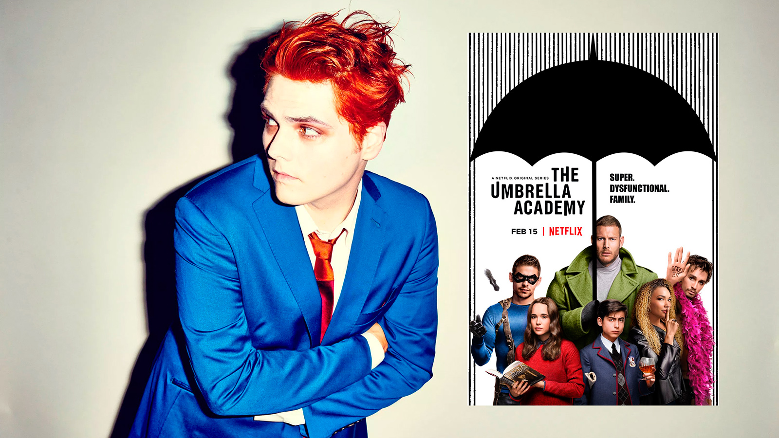 Gerard Way e la locandina della nuova serie Netflix "The Umbrella Academy".
