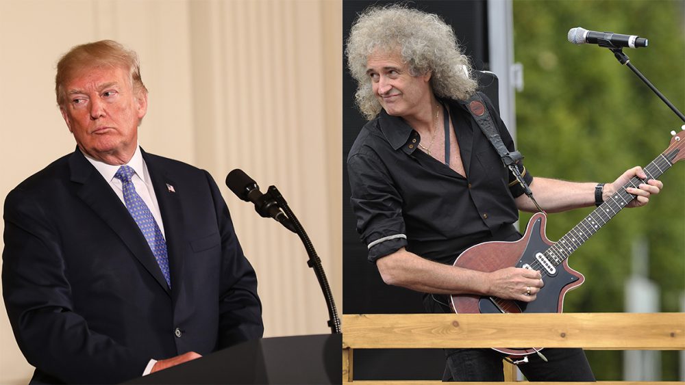 Un montaggio che vede a sinistra il Presidente degli Stati Uniti d'America Donald Trump, a destra il chitarrista dei Queen Brian May