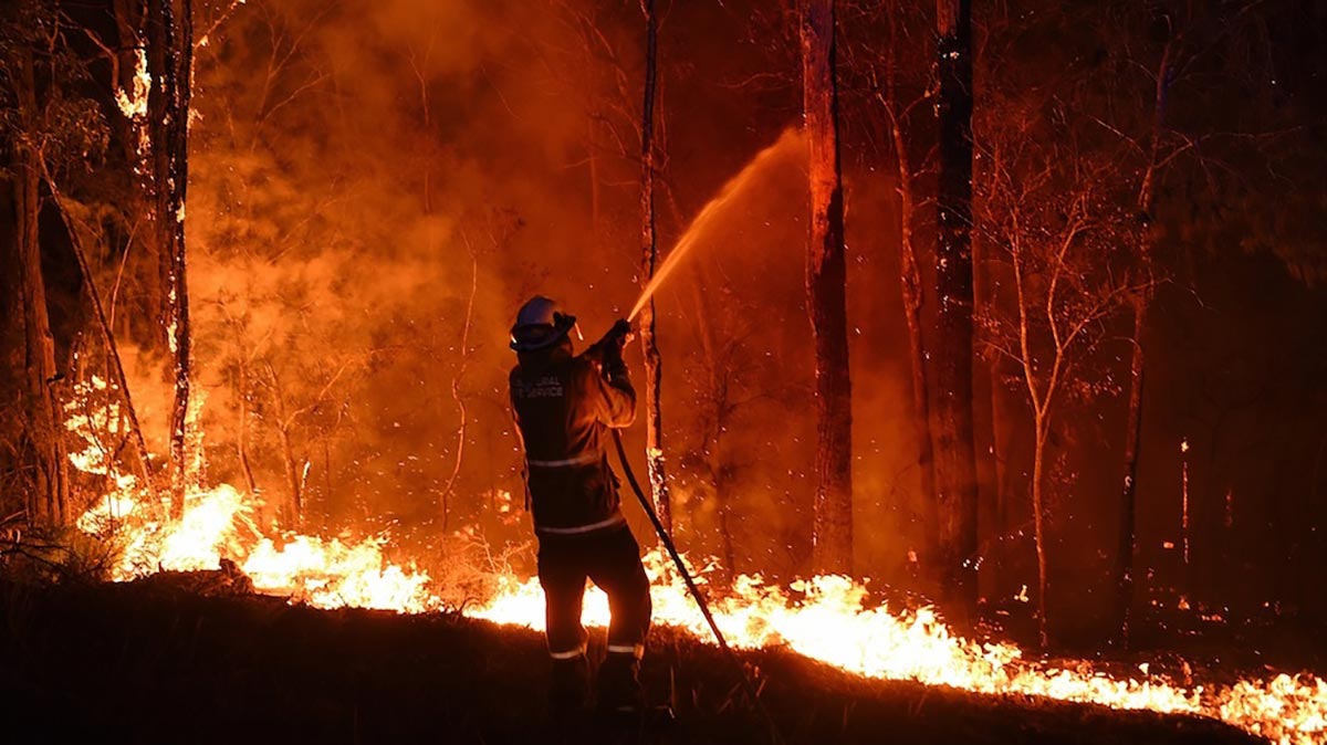 Un vigile del fuoco australiano intento a domare le fiamme