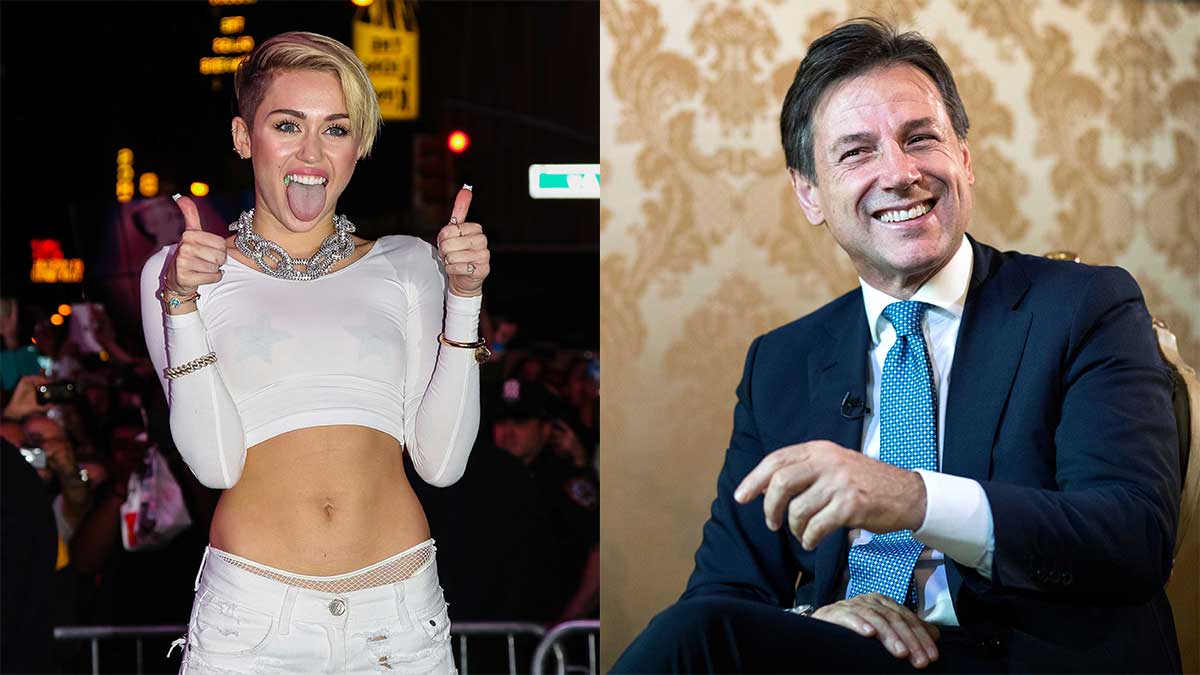 A sinistra la pop star Miley Cyrus, a destra il Presidente del Consiglio Giuseppe Conte.